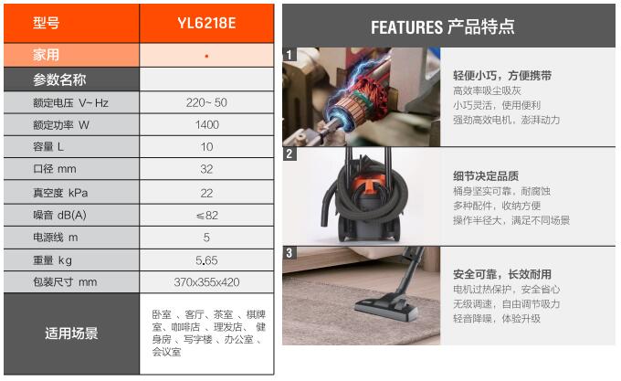 億力家用吸塵器YL6218E技術(shù)參數(shù)和優(yōu)勢特點(diǎn)